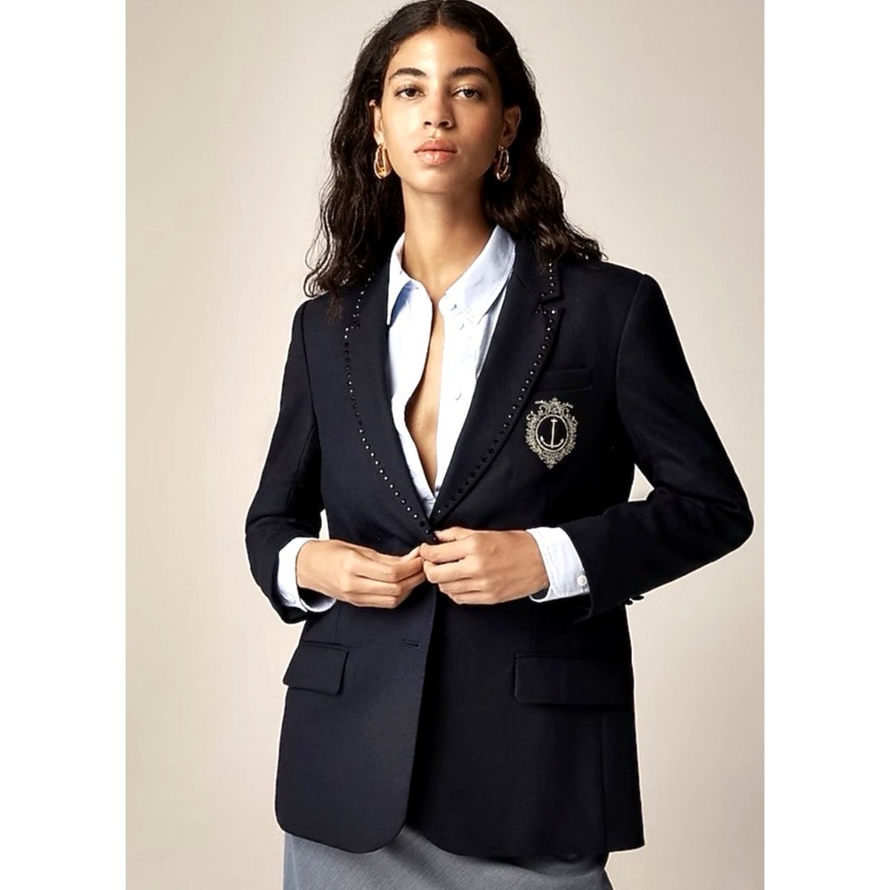 NEW! J. Crew Collection Relaxed Blazer Crest Embellishment Wool Blend Navy SZ 2